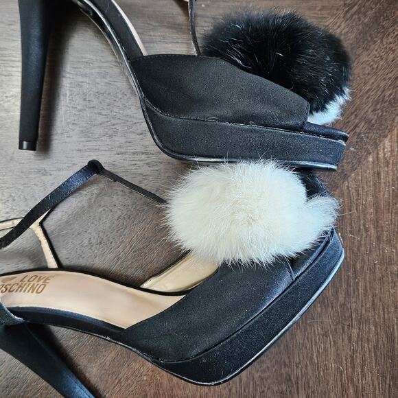 Love Moschino Satin Pom Pom Platform Heels Womens EU 37 US 7 Black Stiletto Y2K - Picture 8 of 12